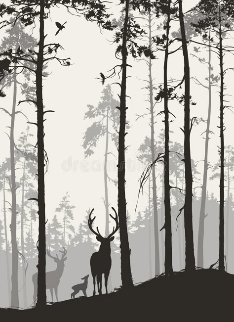 Deer In The Woods, Hirsch Silhouette, Deer Vector, Deer Wallpaper, Forest Drawing, Forest Silhouette, Forest Illustration, Bird Silhouette, Tree Silhouette