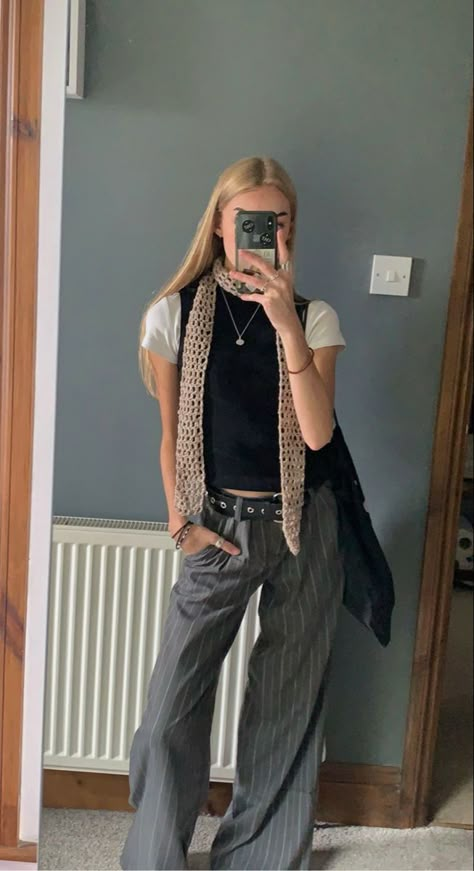 Pinstripe Trousers Outfit Casual, Sixth Form Trouser Outfits, Crochet Mesh Scarf, Pinstriped Trousers Outfit, Crochet Scarf Outfit, Sixth Form Outfits Trousers, Smart Sixth Form Outfits, Smart Trousers Outfit, Tiny Scarf Outfit