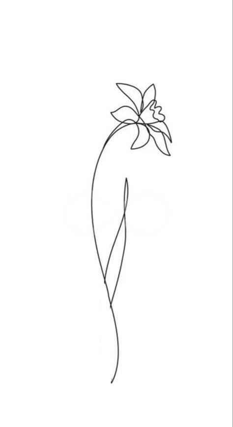 Daffodil One Line Drawing, Daphadil Flower Tattoo Simple, Simple Daffodil Tattoo Design, Narcissus Line Drawing, Dainty Daffodil Tattoo Design, Daffodil Line Art Tattoo, Line Drawing Daffodil, Daphodile Flower Tattoo, Simple Lily Tattoo Outline