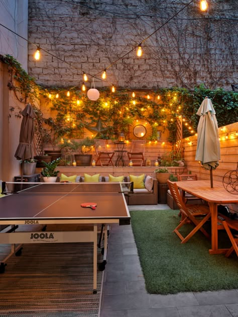 Patio Overhang Ideas, Apartment Backyard, Brooklyn Backyard, Dreamy Backyard, Family Backyard, Patio Lights, Backyard Renovations, Lights Decor, Backyard Remodel