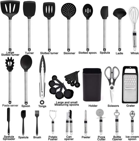 5 ways to make your kitchen cleaner! have speciaal plates and Cooking gear in your favo collar. this 1 have 33 kitchen must have's ! Spatula Holder, Silicone Utensil Set, Kitchen Tongs, Pasta Server, Best Kitchen Tools, Silicone Cooking Utensils, Plastic Utensils, Soup Ladle, Slotted Spoon