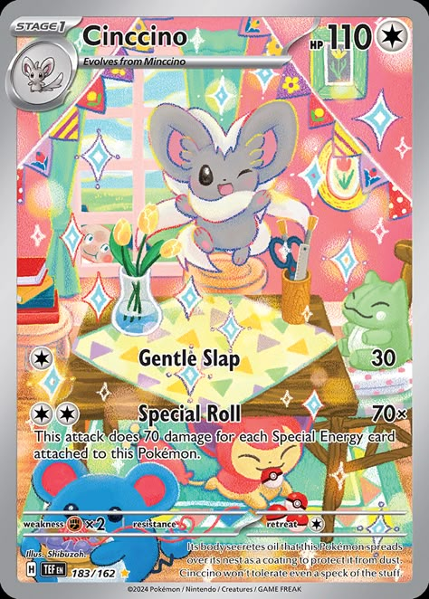 Cinccino · 110 HP · {C} Pokémon (Cinccino) › Stage 1 : Evolves from Minccino {C} → Gentle Slap : 30 {C}{C} → Special Roll : 70× This attack does 70 damage for each Special Energy card attached to this Pokémon. weak: {F}×2 | resist: […] Pokemon Binder, Pokemon Full Art, Pokemon Card Art, Kartu Pokemon, Rare Pokemon Cards, Pokemon Mew, Cool Pokemon Cards, Rare Pokemon, Scarlet Violet