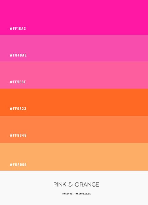 Pink and Orange Colour Scheme #Colour Palette 70 I Take You | Wedding Readings | Wedding Ideas | Wedding Dresses | Wedding Theme Pink And Orange Colour Scheme, Orange Pink Black Color Palette, Pink And Orange Retro Wedding, Pink And Orange Wedding Palette, Party Colour Themes Color Palettes, Pink Wedding Palette Colour Schemes, Orange Pink Color Scheme, Different Shades Of Pink Wedding Theme, Pink Orange Yellow Bachelorette