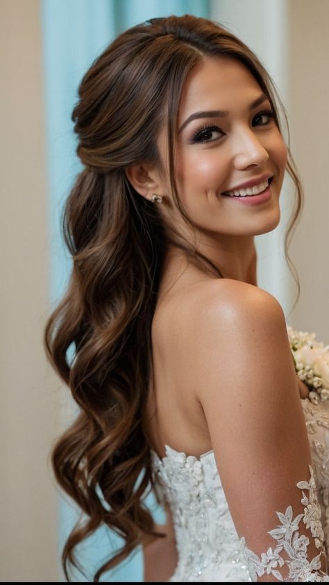 Looking for stunning half up half down bridesmaid hairstyles Explore a variety of options for all hair types - curly full easy medium length short braid and more From simple to intricate find the perfect half up hairstyle for your special occasion Hair Half Down Wedding, Super Simple Wedding Hair, Wedding Down Do For Medium Hair, Half Up Brown Wedding Hair, Long Wedding Hairstyles Half Up, Bride Hairstyles Out Of Face, Half Up Half Down Wedding Hair Big Curls, Bridal Hair Half Up Natural Curls, Half Up Half Down Hair Women Wedding