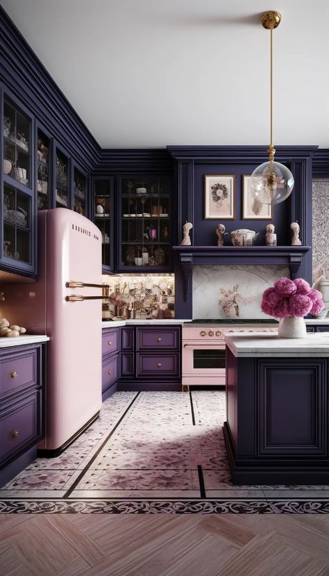 Retro Chic Kitchen, Deep Purple Kitchen, Colorful Interiors Kitchen, Dark Purple Kitchen Cabinets, Purple Cabinets Kitchen, Black And Purple Kitchen, Dark Purple Kitchen, Black And Pink Kitchen, Jewel Tone Kitchen