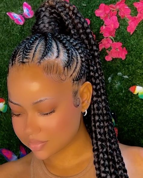 Feed In Braids With Ponytail, Feeder Ponytail Braids, Feeder Braids Ponytail, Stitch Braids Ponytail With Curls, 2 Braided Ponytail Hairstyles, Pony Cornrow Hairstyles, Trible Braids With Curly Hair, Feed In Ponytail Braids, Stitch Braided Ponytail