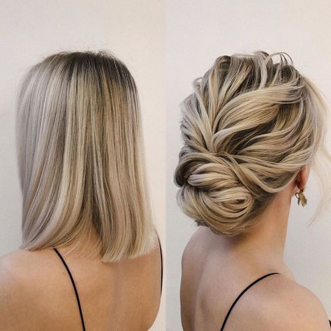 30 Updos for Short Hair to Feel Inspired & Confident in 2020 - Hair Adviser Style Straight Hair, Neck Length Hair, Updos For Short Hair, Sanggul Modern, Medium Length Updo, Hairstyles For Straight Hair, Preppy Hairstyles, Short Hair Bun, Mother Of The Bride Hair