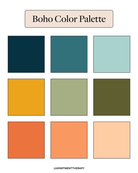 Here’s How to Nail Boho Design Once & for All, According to Designers Paint Colors Boho, Boho Colours Pallet, Boho Decor Color Palette, Boho Country Color Palette, Teal Pink Color Palette, Boho Color Palette Behr Paint, Joshua Tree Color Palette, Boho Sun Color Palette, Boho Chic Color Palette