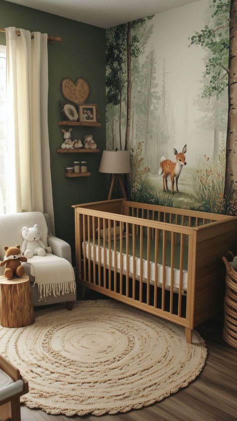 A woodland-themed baby girl nursery with a hand-painted forest mural featuring a deer, a natural wooden crib with green bedding, forest green walls, a cozy armchair with knit blanket, a tree-stump side table, and a woven circular rug. Woodland Baby Girl Nursery, Green Nursery Girl, Forest Baby Rooms, Bold Nursery, Forest Nursery Theme, Woodland Baby Nursery, Nature Themed Nursery, Wooden Crib, Woodland Baby Girl