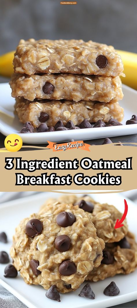 Start your day with the simplicity of 3 Ingredient Oatmeal Breakfast Cookies. Combining ripe bananas, oats, and your choice of add-ins like chocolate chips or dried fruit, these cookies are a wholesome, easy-to-make breakfast option or a healthy snack on the go. #BreakfastCookies #HealthySnack #OatmealCookies Healthy Fruit Breakfast Recipes, Oatmeal For Picky Eaters, Oatmeal Cookie Desserts, Meal Prep Breakfast To Go, What To Do With Rolled Oats, Oatmeal Treats Healthy, Chewy Oatmeal Breakfast Bars, Breakfast Meal Prep For Picky Eaters, Three Ingredient Oatmeal Cookies