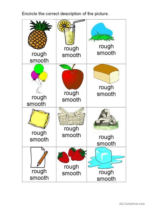 giving the correct texture of the following obects. Rough And Smooth Worksheet, Texture Worksheet, Describing Words, Esl Worksheets, Different Textures, Kindergarten Worksheets, Smooth Texture, Kindergarten, Preschool