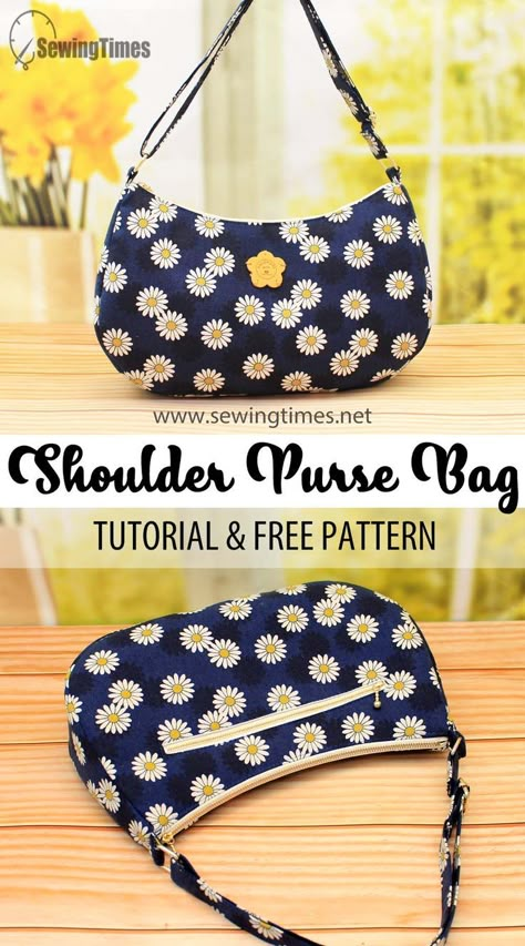 Sew Handbag Free Pattern, Sewing Patterns Handbags, Cloth Purses And Handbags, Sewing Projects Handbags, Purses To Sew Free Pattern, Purse Free Pattern Sewing, Free Pattern Bag Sewing, How To Sew A Shoulder Bag, Cute Bag Patterns