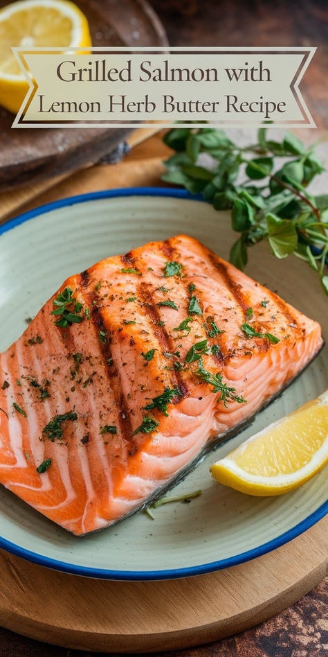 This Grilled Salmon with Lemon Herb Butter is a fresh and flavorful dish! Perfectly grilled salmon topped with a zesty, buttery herb sauce—it’s a deliciously easy way to elevate your dinner. Grilled Salmon With Lemon Butter Sauce, Herb Butter Salmon, Lemon Herb Butter, Herb Butter Recipe, Salmon With Lemon, Herb Sauce, Flavored Butter, Lemon Butter Sauce, Lemon Herb