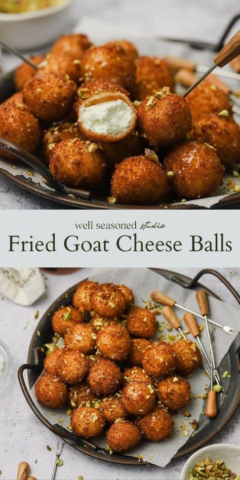 Boujie Party Food, Fried Goat Cheese Balls, Friendsgiving 2023, Fried Appetizers, Goat Cheese Balls, Crushed Pistachios, Truffle Honey, Fried Goat Cheese, Cheese Appetizer