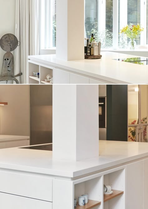 Kitchen Island Pillar Ideas, Island Bench With Support Post, Open Plan Kitchen With Pillar, Kitchen Island Around Pillar, Kitchen Peninsula With Column, Island With Support Post, Kitchen Island With Column Support, Island With Post Support, Kitchen Island With Post Support