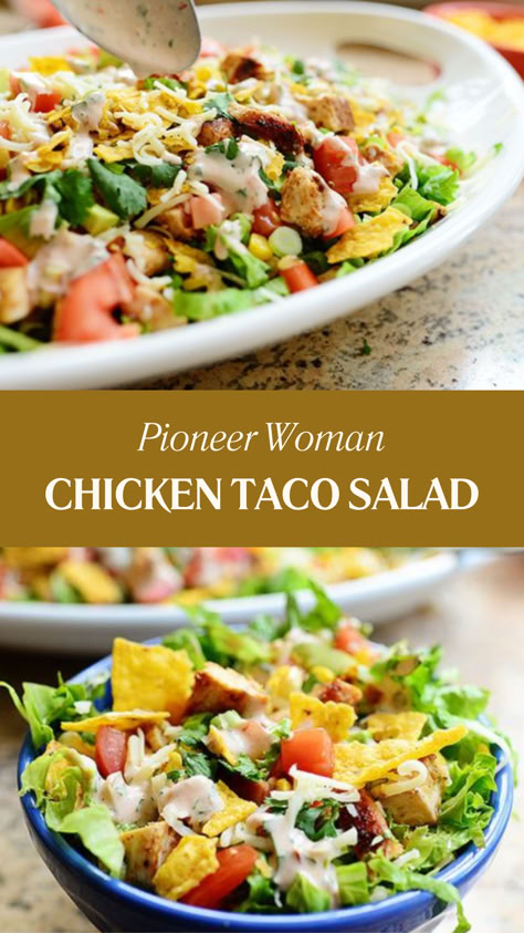 Pioneer Woman Chicken Taco Salad Pioneer Woman Taco Salad, Chicken Taco Salad Dressing, Ultimate Taco Salad, Taco Chicken Salad Recipe, Rotisserie Chicken Taco Salad, Fish Taco Salad Pioneer Woman, Grill Chicken Salad Recipes, Chicken Taco Bowls Healthy, Chicken Taco Salad Bowl