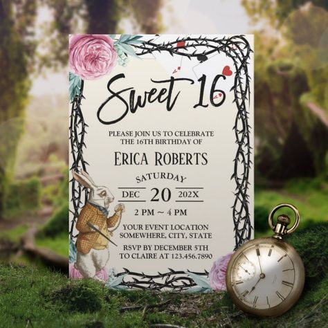 Sweet 16 Alice in Wonderland Floral Thorn Framed Invitation Teaparty Birthday, Alice In Wonderland Floral, Alice In Wonderland Sweet 16, Cute Birthday Invitations, Cute Alice In Wonderland, Alice In Wonderland Invitations, Wonderland Sweet 16, Wonderland Rabbit, Alice In Wonderland Rabbit