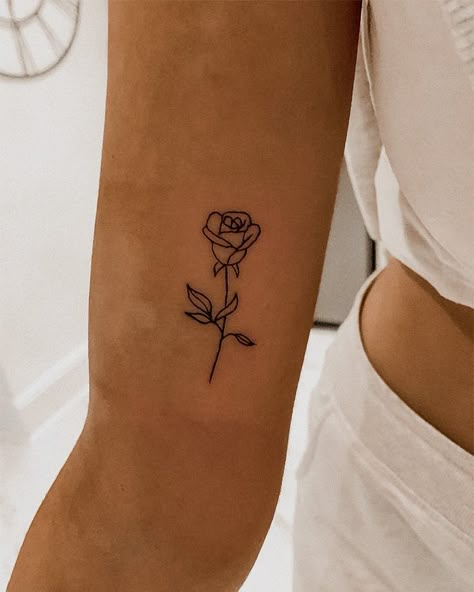 Rose Tattoo Lower Arm, Small Simple Women Tattoos, Cute Back Of Arm Tattoos For Women, Basic Rose Tattoo, Cute Small Arm Tattoos For Women, Small Tattoo Ideas Arm Woman Simple, Tattoo Ideas Female Faith, Rose Tattoo Back Of Arm, Cartoon Rose Tattoo