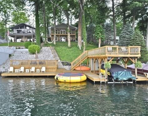 Lake House Dock, Lake Landscaping, Dream Lake House, Dock Ideas, Living Pool, Boat Docks, Lake Houses Exterior, Lakefront Living, Lake Dock