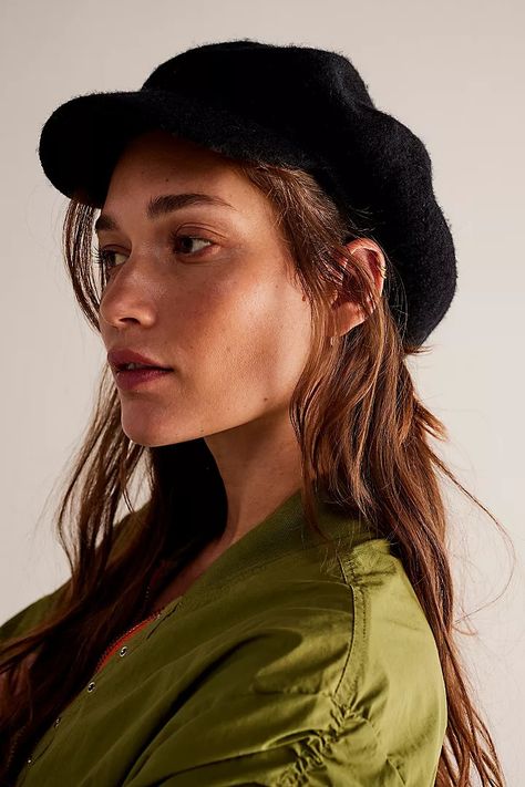 Berets, Pageboy Hats + Lieutenant Caps | Free People Lieutenant Hat Outfit, News Boy Hat Outfit, Female Peter Pan, Newsboy Hat Outfit, Short Hair Hat, Page Boy Hat, Hats Short Hair, Pageboy Hat, Short Hair Fringe