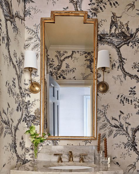 Before and After: My Personal Bathroom Renovations - Garden & Grace Chinoiserie Powder Room Ideas, Blue French Country Bathroom, Powder Bath Wainscoting, Wallpaper Behind Bathroom Mirror, Wallpaper Washroom, Grasscloth Bathroom, Wallpaper Bathroom Ideas Small Spaces, Powder Bathroom Wallpaper, Wallpaper Small Bathroom