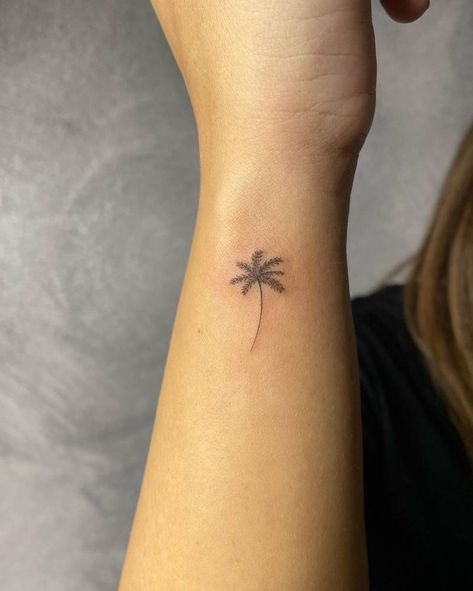 Single needle palm tree tattoo on the wrist Palm Tree Tattoo Side Of Wrist, Palm Tree Tattoo On Wrist, Small Palm Tree Tattoo Wrist, Tattoos For Side Of Wrist, Wrist Palm Tree Tattoo, Palm Tree Wrist Tattoo, Palm Tree Wrist Tattoos For Women, Palm Tree Fine Line Tattoo, Mini Palm Tree Tattoo