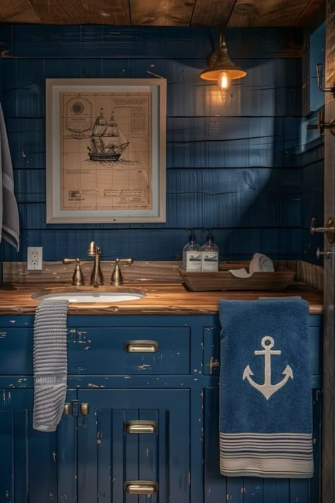 Modern Nautical Bathroom, Contemporary Coastal Bathroom, Rustic Wood Vanity, Nautical House Decor, Fisherman's Cottage, Nautical Symbols, Coastal Bathroom Ideas, Nautical Cottage, Loft Designs