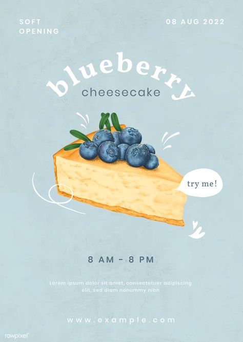 Blueberry cheesecake poster template illustration | premium image by rawpixel.com / Aew Cute Advertisement Poster, Poster Branding Design, Poster Menu Design, Bakery Poster Design Ideas, Cake Poster Advertising, Bakery Advertising Posters, New Menu Poster, Cake Advertising Design, Cake Poster Design Ideas