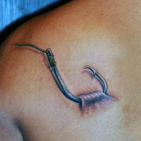 Men Fish Tattoo, Hook Tattoos For Men, Fish Hook Tattoo For Men, Fish Hook Tattoos, Fishing Tattoo For Men, Fishing Tattoo Ideas, Fish Hook Tattoo, Fisherman Tattoo, Fly Fishing Tattoo