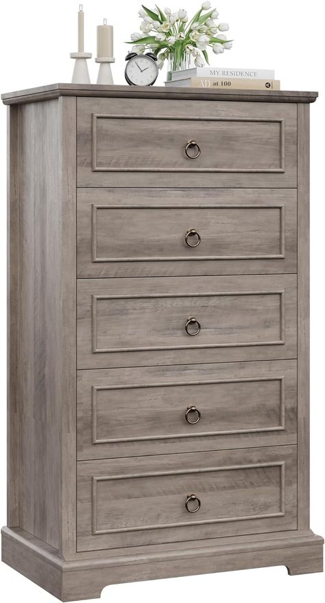 Amazon.com: HOSTACK 5 Drawer Tall Dresser, Modern Farmhouse Chest of Drawers, Wood Dressers Organizer, Accent Storage Cabinet for Living Room, Hallway, Home Office, Ash Grey : Home & Kitchen Farmhouse Chest Of Drawers, Farmhouse Dresser, Accent Storage Cabinet, Dresser Organization, Tall Dresser, Wood Dresser, Living Room Cabinets, Ash Grey, Chest Of Drawers