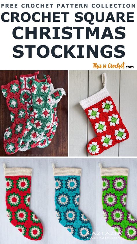 Christmas Stockings Made With Crochet Squares - This is Crochet Crochet Stocking Granny Square, Granny Square Christmas Stocking, Crochet Stocking Pattern Free, Christmas Stocking Images, Diy Crochet Granny Square, Crocheting Christmas, Granny Square Stocking, Crochet Christmas Decor, Stocking Pattern Free