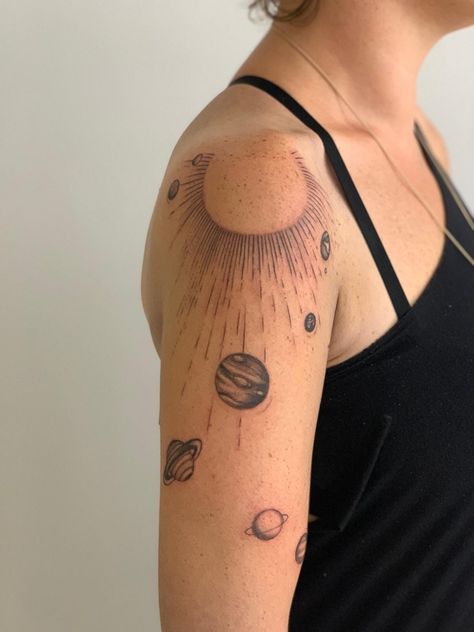 Universe Tattoo Designs For Women, Planet Tattoos Shoulder, Hand Tattoos Galaxy, Aesthetic Space Tattoo, Planet Patchwork Tattoo, Universe Shoulder Tattoo, Solar System Leg Tattoo, Planet Shoulder Tattoo, Planet Sleeve Tattoo