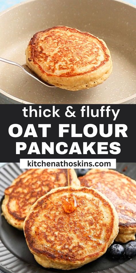 Oat Flour Pancakes are ultra soft and fluffy. It is a healthier pancake recipe that uses just 2 tablespoons of butter for the entire batch. For a gluten-free option, swap in gluten-free oats. Oat Flour Buttermilk Pancakes, Gluten Free Oat Pancake Recipe, Best Oatmeal Pancake Recipe, Pancakes Made With Oat Flour, Fluffy Oat Flour Pancakes, Oatmeal Flour Recipes Baking, Quaker Oat Flour Recipes, Recipes Using Oat Flour Baking, Oat Flour Pancakes Healthy