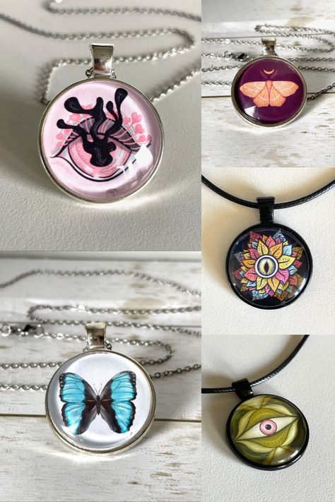 Collage of 5 cabochon necklaces with weird eyes and butterflies Cabochon Necklace Diy, Cabochon Pendants, Glass Cabochon Jewelry, Decoupage Glue, Cabochon Necklace, Diy Pendant Necklace, Crafts Jewelry, Cabochon Jewelry, Cabochon Pendant