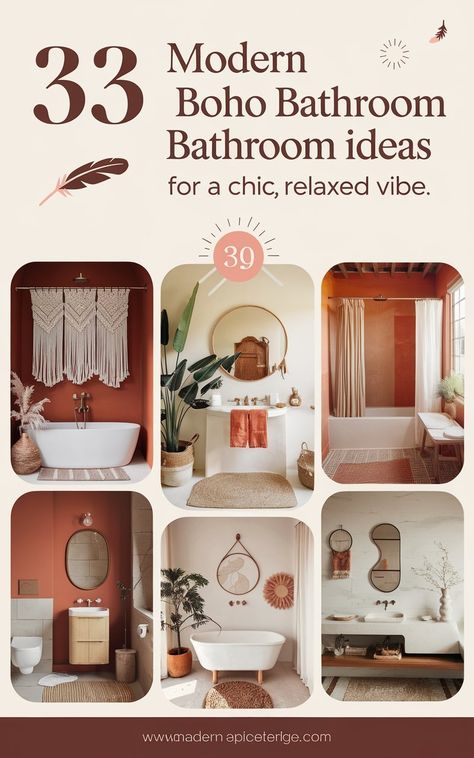 33 Modern Boho Bathroom Ideas for a Chic, Relaxed Vibe Boho Marble Bathroom, Mid Century Modern Boho Bathroom, Bathroom Boho Decor Ideas, Soaking Tub Decor, Bohemian Bathroom Ideas, Boho Farmhouse Bathroom, Modern Boho Bathroom, Boho Style Bathroom, White Bathroom Ideas