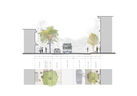 Street Section Architecture Urban Design, Architectural Street Section, Street Section Diagram, Urban Design Section Drawing, Street Cross Section, Architecture Street Section, Road Section Architecture, Streetscape Section, Street Section Sketch