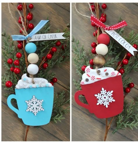 Dollar Tree Wooden Coffee Cup Ornament, Dollar Tree Wooden Mug Ornaments, Spackle Projects, Dollar Tree Wood Ornaments, Snowman Spoons, Christmas Decor Diy Cheap, Coffee Ornaments, Whimsical Christmas Decor, Dollar Store Christmas Crafts