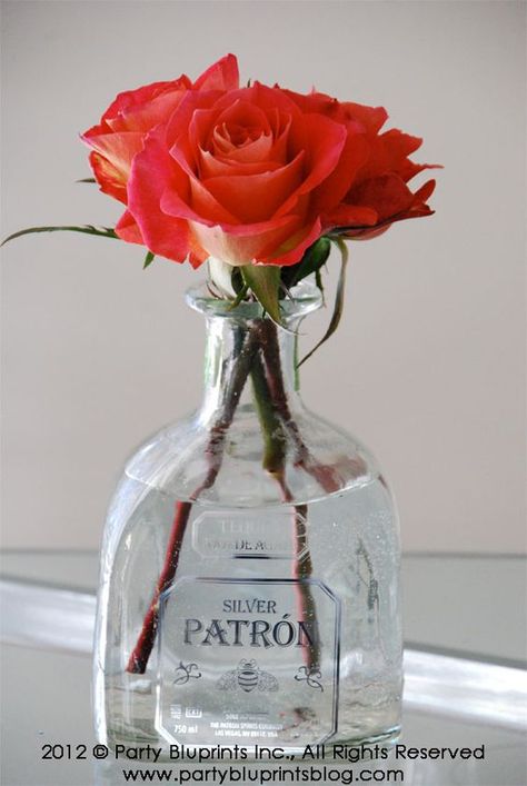 Patron Flower Vase, Pretty Flower Arrangements, Patron Bottles, House Party Ideas, Diy Mason Jars, Patron Bottle, Floral Arrangement Ideas, Bottle Centerpieces, Spring Floral Arrangements