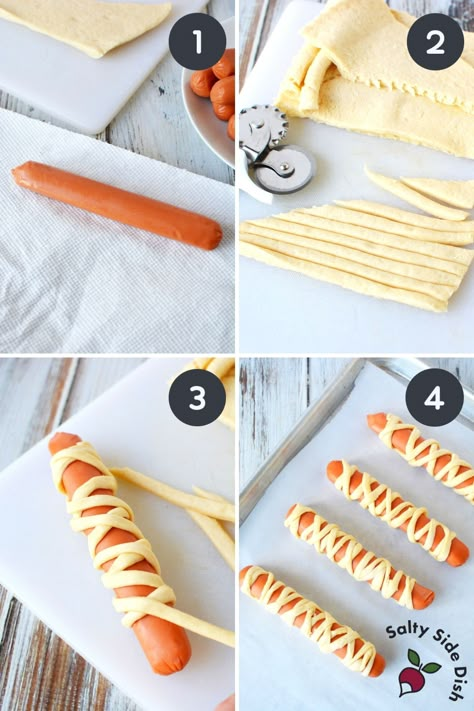 Mummy Hot Dogs with Crescent Rolls - Easy Side Dish Recipes Mummy Crescent Dogs, Crescent Roll Mummy Dogs, Hot Dog Mummy Recipe, Crescent Mummy Dogs, Mummy Wrapped Hotdogs, Halloweenies Hot Dogs, Halloween Mummy Hotdogs, Croissant Hot Dogs Crescent Rolls, Hot Dog Mummies Crescent Rolls