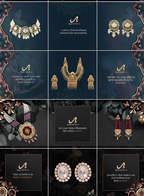 Jewellery Instagram Grid Layout, Jewellery Grid Design, Jewellery Instagram Grid, Jewelry Social Media Design, Jewellery Grid, Jewellery Creative Ads, Jewellery Social Media, Cocktail Book Design, Jewellery Creative