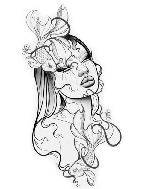 Tattoo Sleeves Design Women, Water Goddess Drawing, Spiritual Art Sketch, Pisces Sleeve Tattoos For Women, Women Tattoos Thigh, Paradox Tattoo Ideas, Pisces Sketch, Thigh Tattoos Women Stencil, Medusa Half Sleeve Tattoo