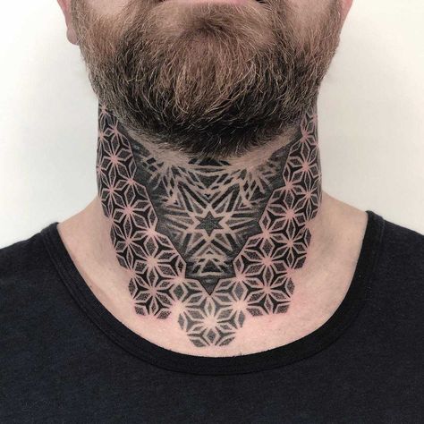 Neck mandala tattoo by Tamara Lee Geometric Throat Tattoo, Geometric Tattoo Neck, Geometric Tattoo Back, Mandala Tattoo Back, Front Neck Tattoo, Small Mandala Tattoo, Tattoos About Growth, Mandala Tattoo Designs, Tattoos Men Leg