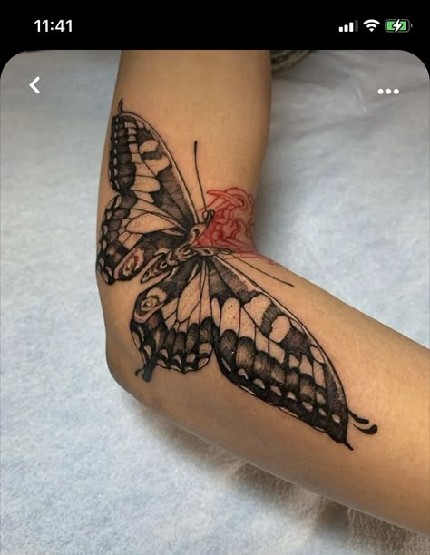 Transforming Tattoos, Moving Tattoos, Moving On Tattoos, French Tattoo, Single Needle Tattoo, Elbow Tattoos, Moth Tattoo, Red Tattoos, 3d Tattoos