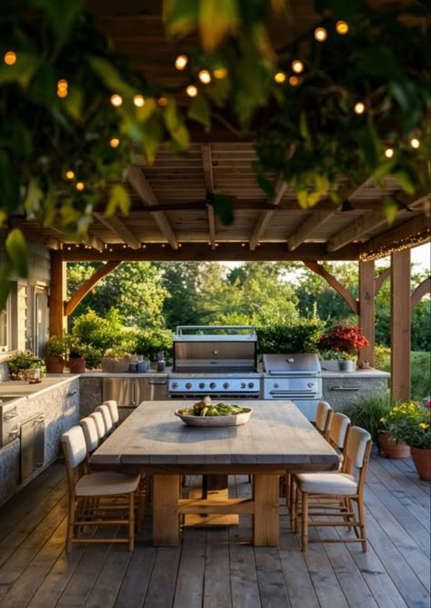 Covered Deck Bbq Area, Backyard Hosting Space, Outdoor Living Ideas Backyard, Outdoor Patio Ideas Party, Bbq Under Pergola, Minimal Outdoor Kitchen, Covered Patio Grill Station, Outdoor Hot Tub Landscaping, Eating Area Outside