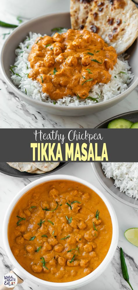 Enjoy authentic Indian flavors in this Healthy Chickpea Tikka Masala. Simple and easy vegetarian tikka masala recipe for a weeknight meal or to serve in a party. | #watchwhatueat #tikkamasala #chickpea #chickpeacurry #Indiancooking Vegetarian Tikka Masala, Chickpea Tikka Masala, Tikka Masala Vegetarian, Toasted Chickpeas, Tikka Masala Recipe, Veggie Meals, Makanan Diet, Tasty Vegetarian Recipes, Masala Recipe