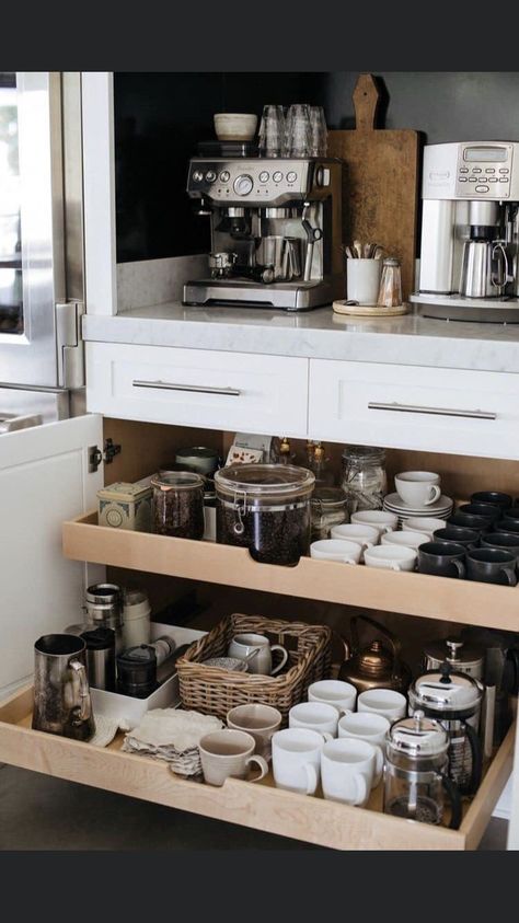 Coffee Mug Drawer, Mug Drawer, Coffee Cupboard, Island Kitchen Decor, Coffee Corner Aesthetic, Coffee Tea Corner, Corner Aesthetic, Bars In Kitchen, Kitchen Coffee Station