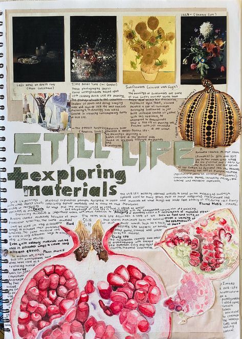 Cool Gcse Art Pages, Visual Art Portfolio Layout, Still Life Gcse Sketchbook, A Level Graphics Sketchbook Layout, Visual Art Diary Inspiration, A Level Art Sketchbook Backgrounds, Gcse Art Book Layout Ideas, Textiles Page Layout, Art Folio Inspiration