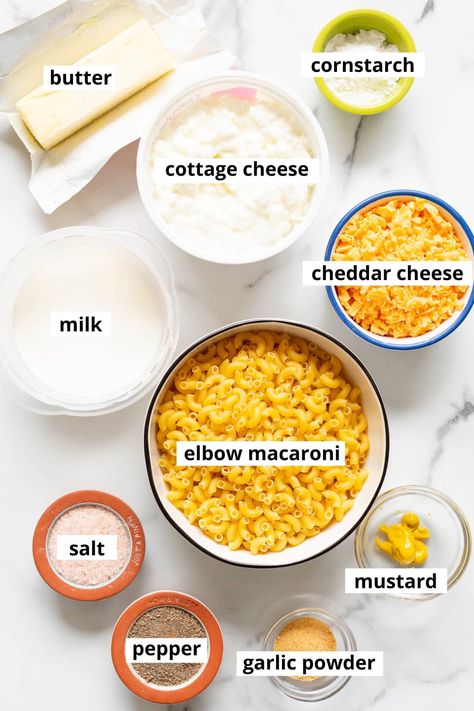 High Protein Cottage Cheese Mac and Cheese - iFoodReal.com High Protein Macaroni And Cheese, Meals Using Cottage Cheese, Protein Mac And Cheese Recipe, Clean Eating Mac And Cheese, Cottage Cheese Mac N Cheese, High Protein Mac N Cheese, Easy Healthy Mac And Cheese, Cottage Cheese Meal Prep, Cottage Cheese High Protein Recipes