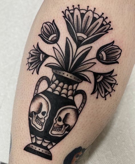 Inner Forearm Tattoo Traditional, Black Patch Work Tattoo, Wrap Around Wrist Tattoos Traditional, American Traditional Flower Pot Tattoo, Traditional Clavicle Tattoo, Balance And Composure Tattoo, Dark Edgy Tattoos, Flower Pot Tattoo Ideas, American Traditional Tulip Tattoo