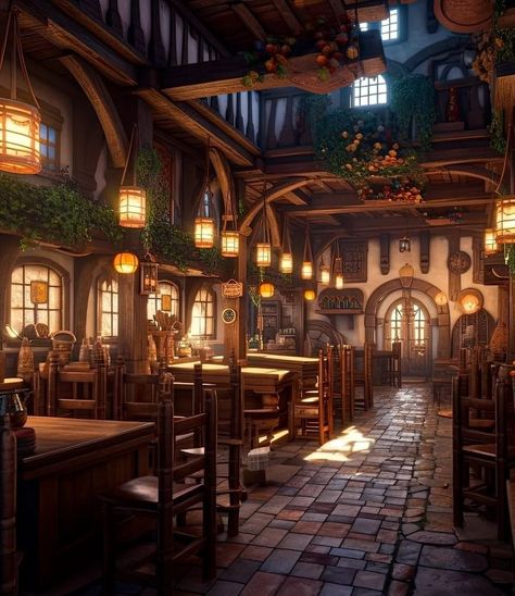 Fantasy Pub Concept Art, Fantasy Medieval Tavern, Medieval Market Place, Medieval Moodboard, Fantasy Pub, Dnd Village, Medieval Bakery, Dnd Shop, Taverna Medieval